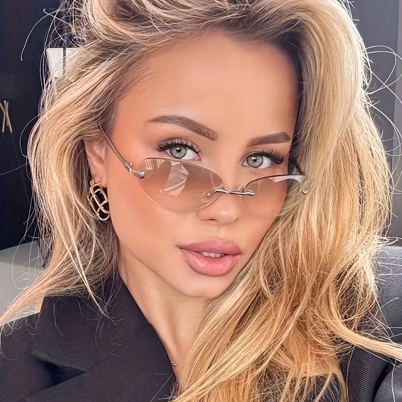 Rimless Oval Sunglasses Women  - Metal Photo Panel avaliação e preço